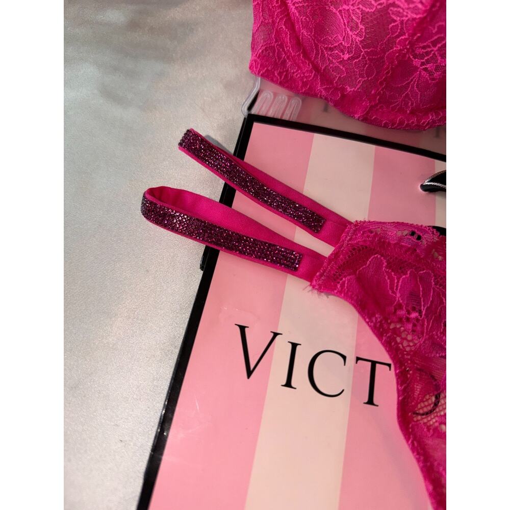 Victorias Secret Bra Very Sexy Bling Strap Set Pink Fusia 32B Small Thong - Picture 8 of 9